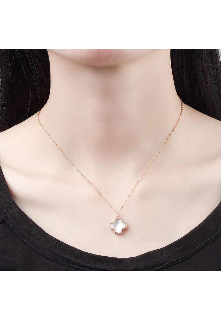 925 Sterling Silver Plated Rose Gold Fashion and Simple Four-leafed Clover Pendant with Cubic Zirconia and Necklace - Luxurious Look
