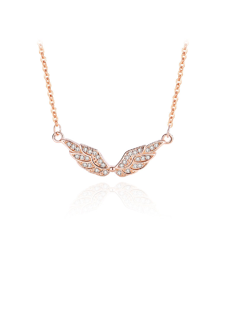 925 Sterling Silver Plated Rose Gold Fashion Simple Angel Wings Pendant with Cubic Zirconia and Necklace - Luxurious Look