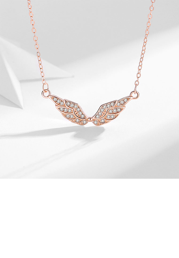 925 Sterling Silver Plated Rose Gold Fashion Simple Angel Wings Pendant with Cubic Zirconia and Necklace - Luxurious Look