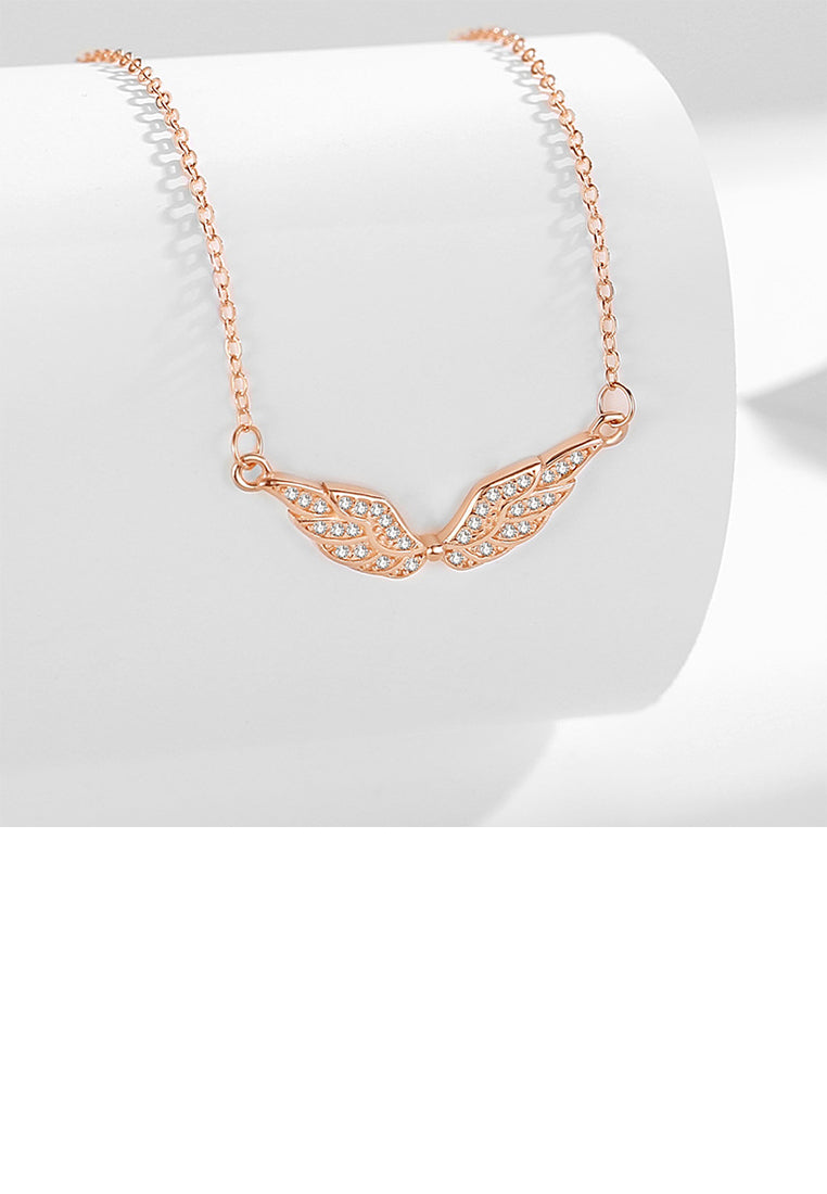 925 Sterling Silver Plated Rose Gold Fashion Simple Angel Wings Pendant with Cubic Zirconia and Necklace - Luxurious Look