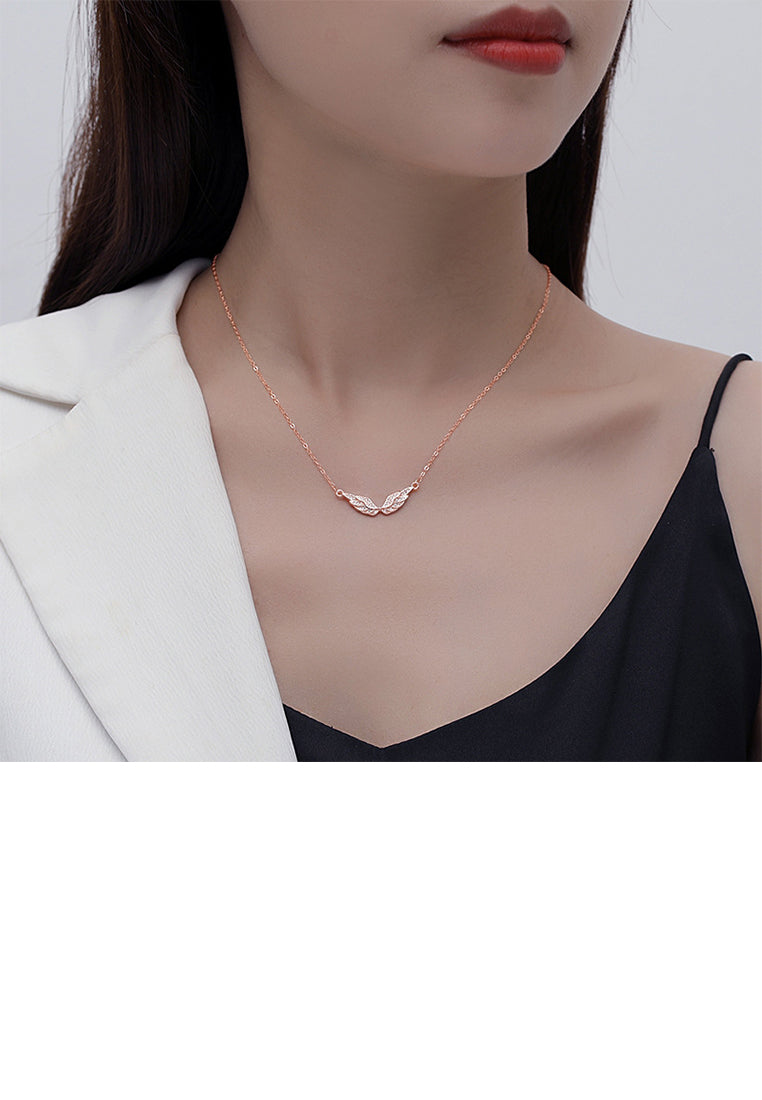 925 Sterling Silver Plated Rose Gold Fashion Simple Angel Wings Pendant with Cubic Zirconia and Necklace - Luxurious Look