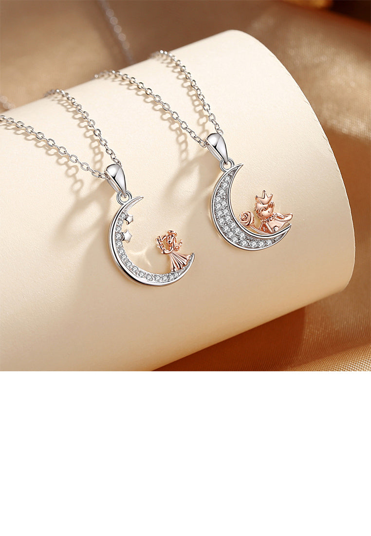 925 Sterling Silver Fashion Temperament Rose Gold Princess Moon Pendant with Cubic Zirconia and Necklace - Luxurious Look