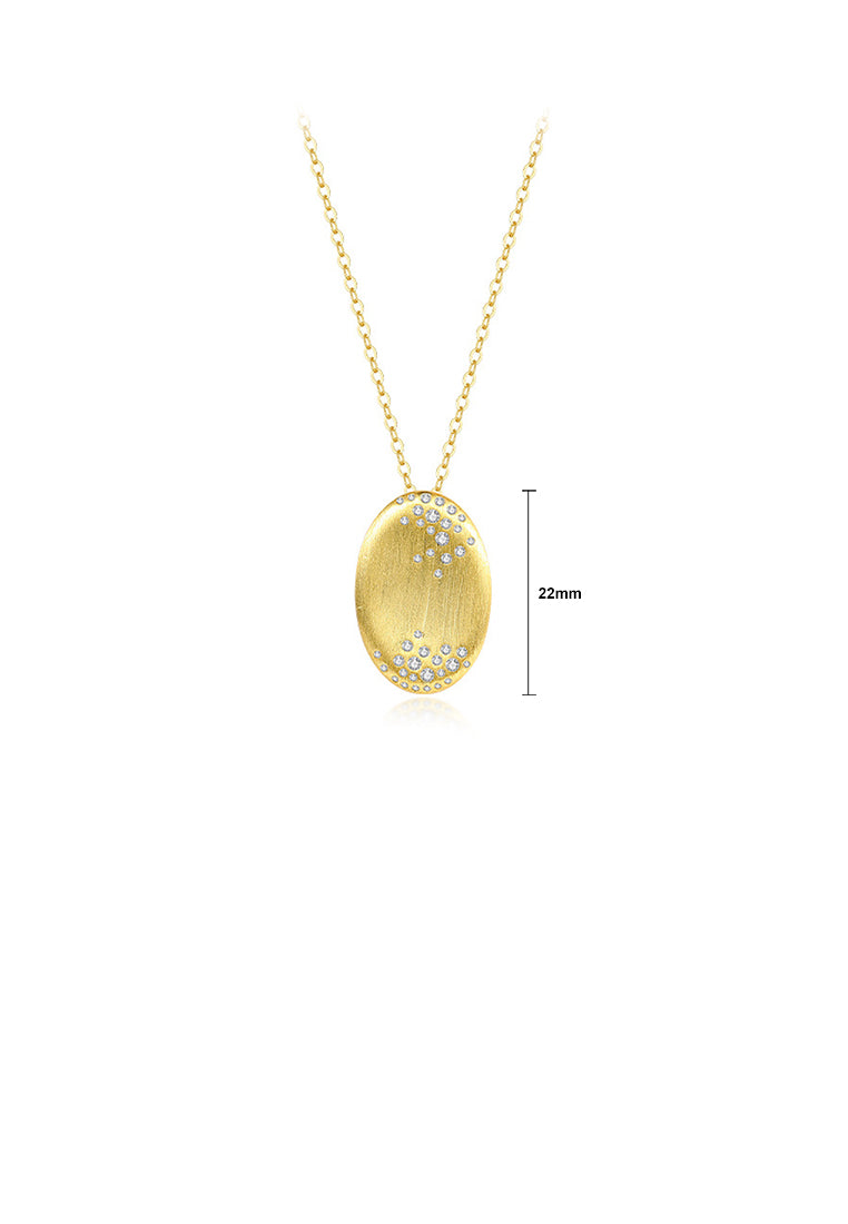 925 Sterling Silver Plated Gold Simple and Fashion Brushed Oval Geometric Pendant with Cubic Zirconia and Necklace - Luxurious Look