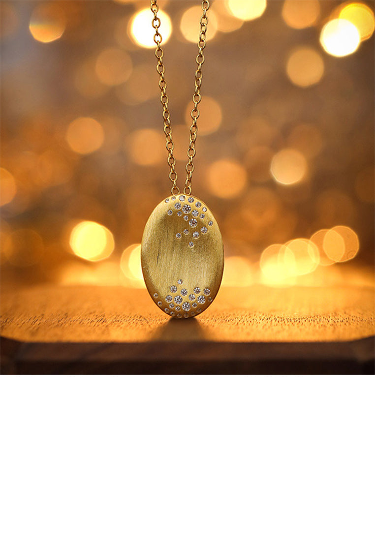 925 Sterling Silver Plated Gold Simple and Fashion Brushed Oval Geometric Pendant with Cubic Zirconia and Necklace - Luxurious Look
