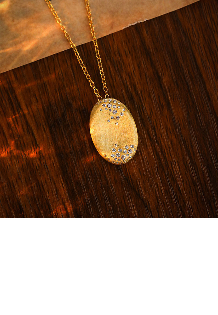 925 Sterling Silver Plated Gold Simple and Fashion Brushed Oval Geometric Pendant with Cubic Zirconia and Necklace - Luxurious Look