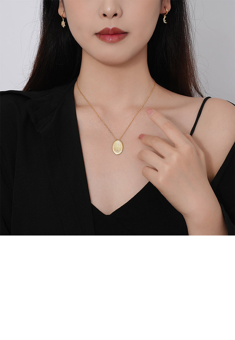 925 Sterling Silver Plated Gold Simple and Fashion Brushed Oval Geometric Pendant with Cubic Zirconia and Necklace - Luxurious Look