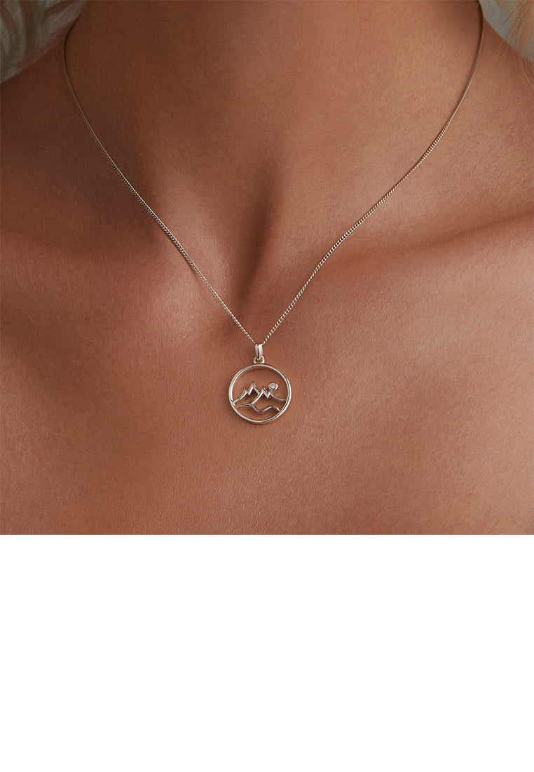 925 Sterling Silver Fashion Simple Mountain Geometric Round Pendant with Cubic Zirconia and Necklace - Luxurious Look