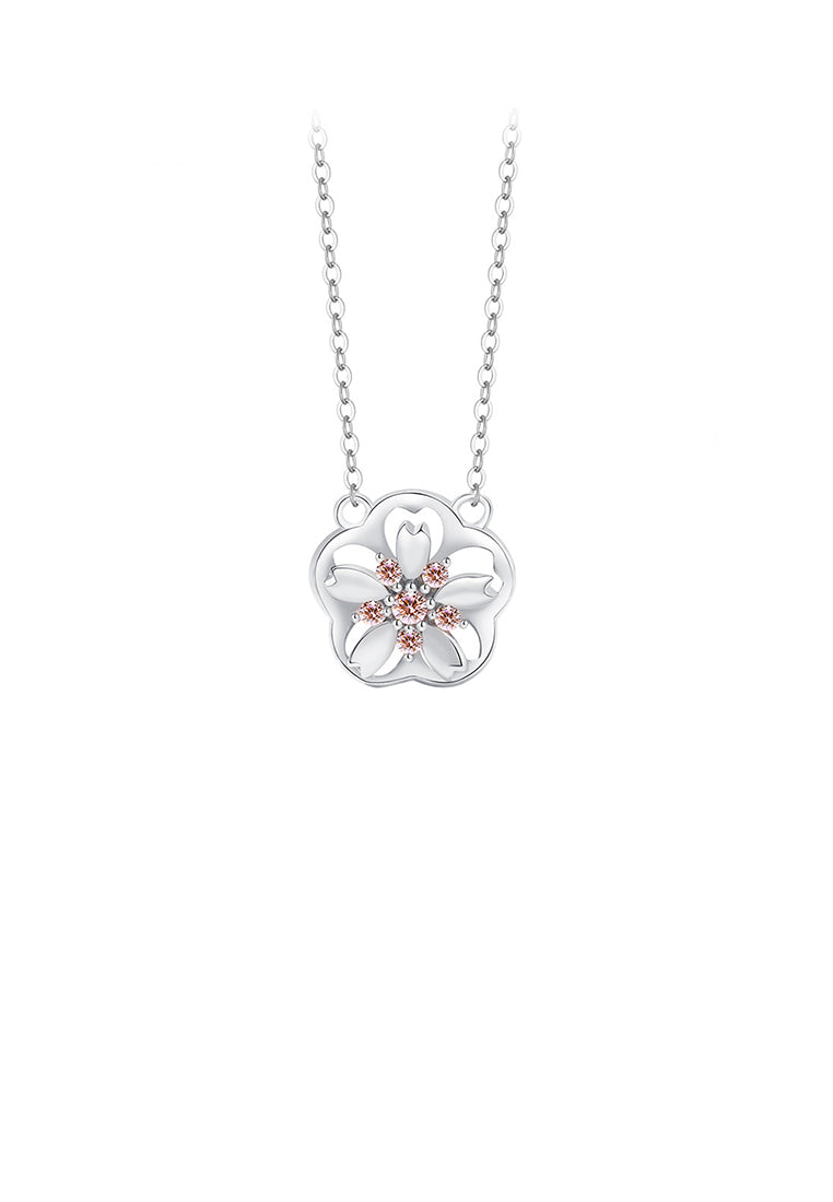 925 Sterling Silver Fashion and Creative Rotatable Hollow Cherry Blossom Pendant with Cubic Zirconia and Necklace - Luxurious Look