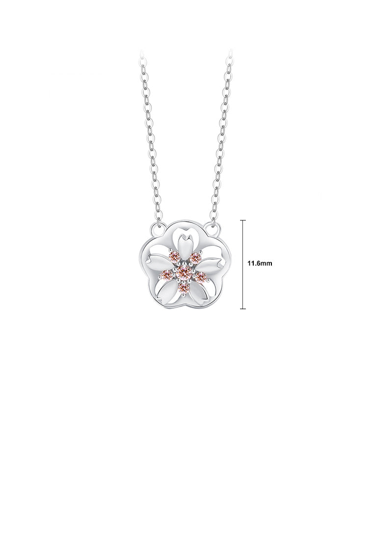 925 Sterling Silver Fashion and Creative Rotatable Hollow Cherry Blossom Pendant with Cubic Zirconia and Necklace - Luxurious Look