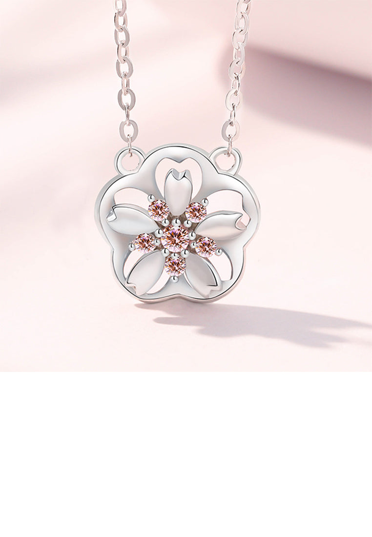 925 Sterling Silver Fashion and Creative Rotatable Hollow Cherry Blossom Pendant with Cubic Zirconia and Necklace - Luxurious Look