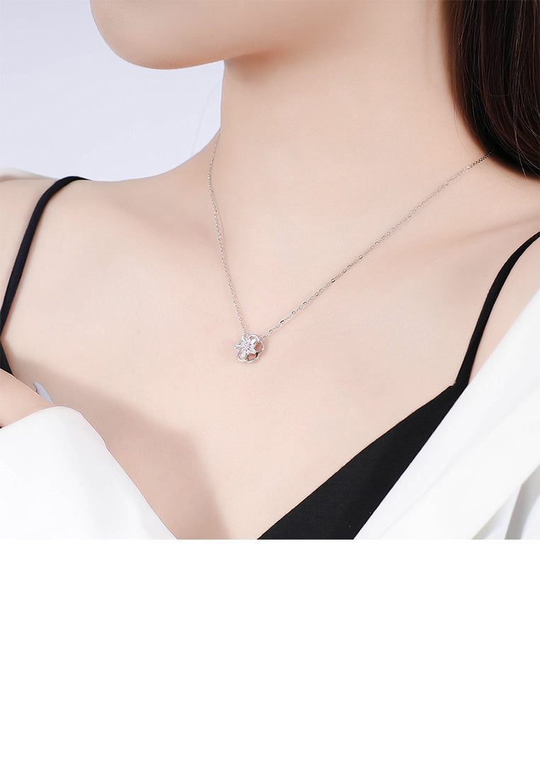 925 Sterling Silver Fashion and Creative Rotatable Hollow Cherry Blossom Pendant with Cubic Zirconia and Necklace - Luxurious Look
