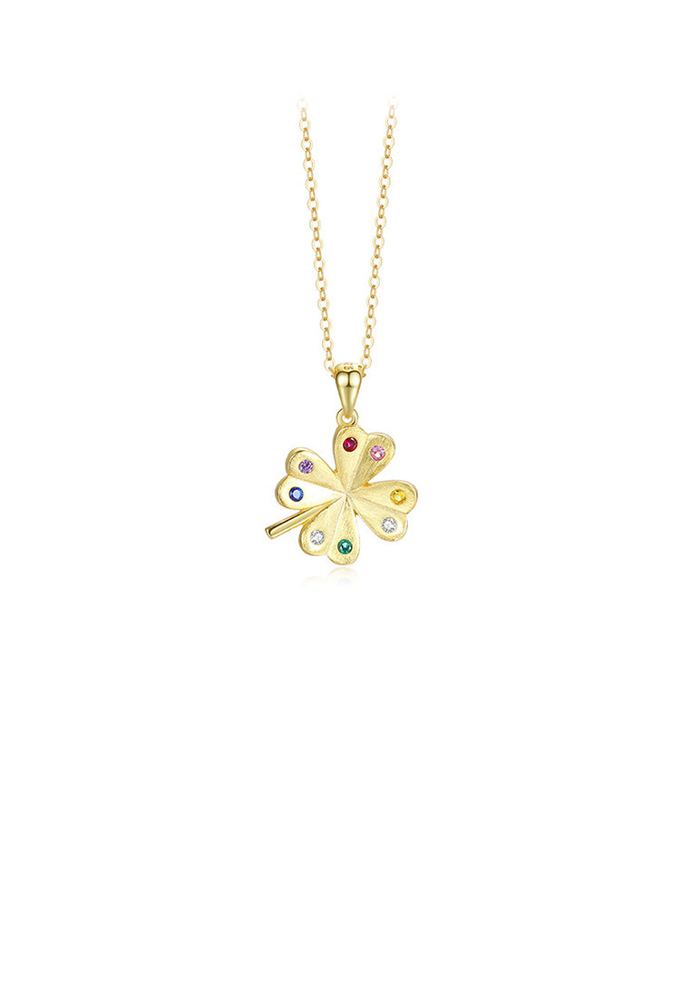 925 Sterling Silver Plated Gold Fashion and Simple Four-leafed Clover Pendant with Colored Cubic Zirconia and Necklace - Luxurious Look