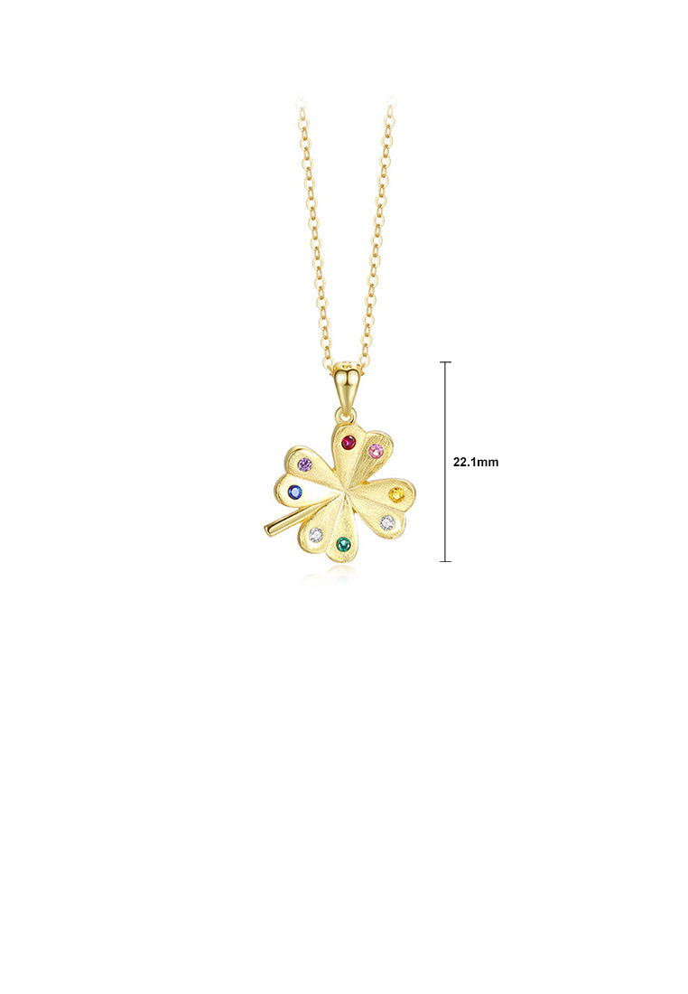 925 Sterling Silver Plated Gold Fashion and Simple Four-leafed Clover Pendant with Colored Cubic Zirconia and Necklace - Luxurious Look