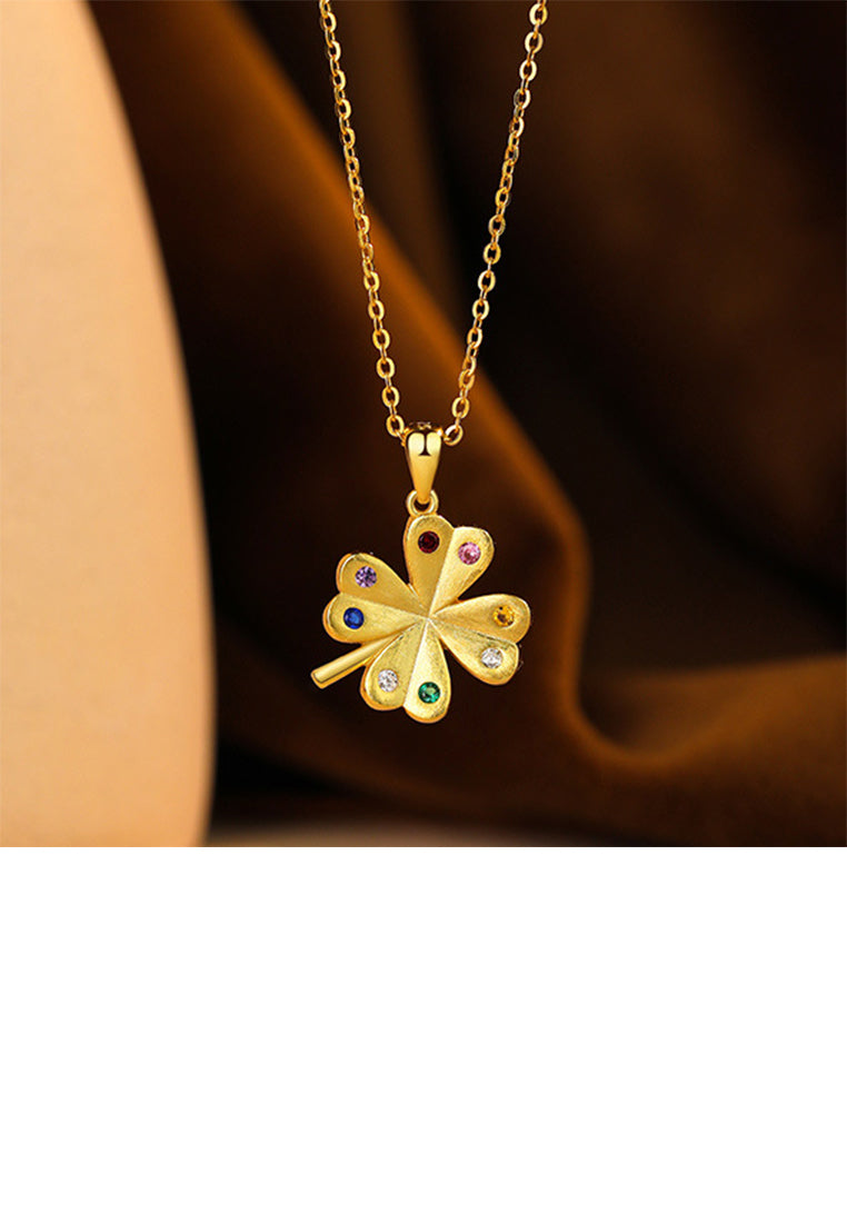 925 Sterling Silver Plated Gold Fashion and Simple Four-leafed Clover Pendant with Colored Cubic Zirconia and Necklace - Luxurious Look