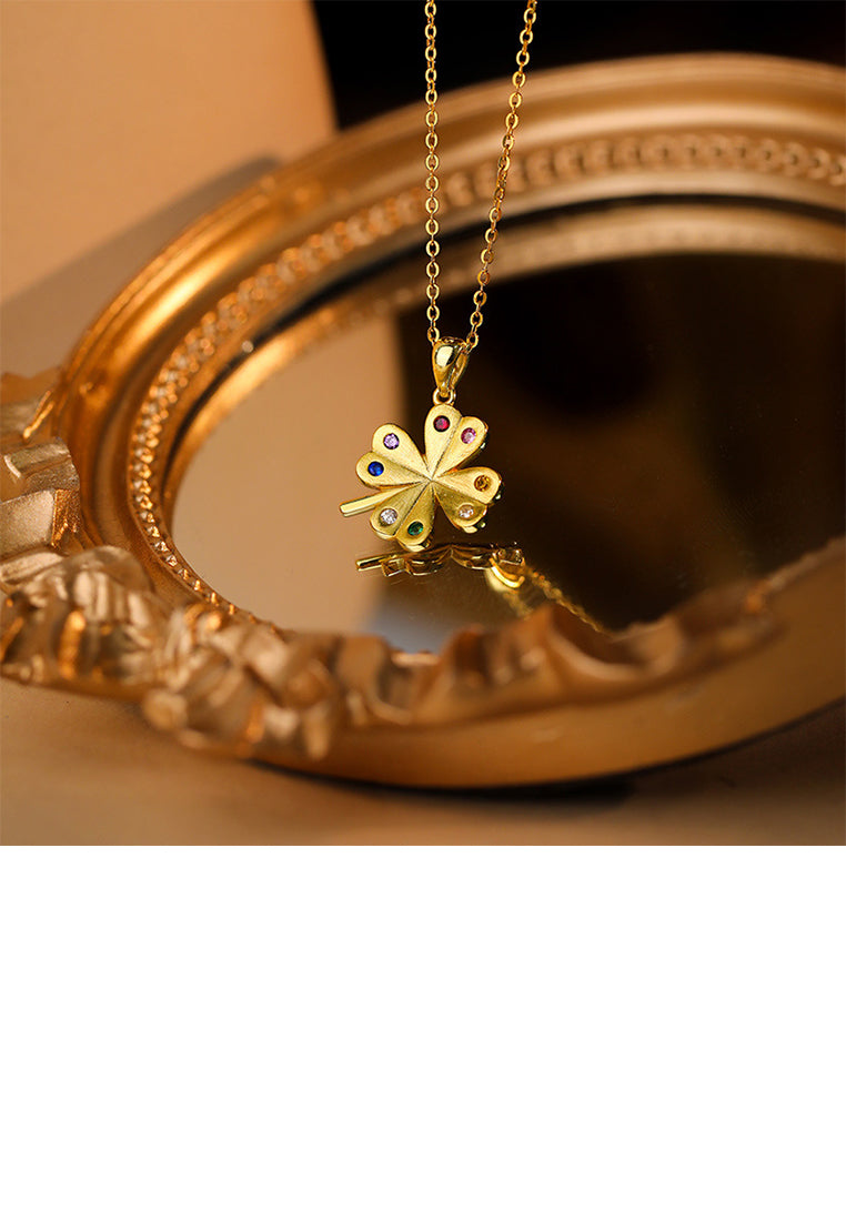 925 Sterling Silver Plated Gold Fashion and Simple Four-leafed Clover Pendant with Colored Cubic Zirconia and Necklace - Luxurious Look