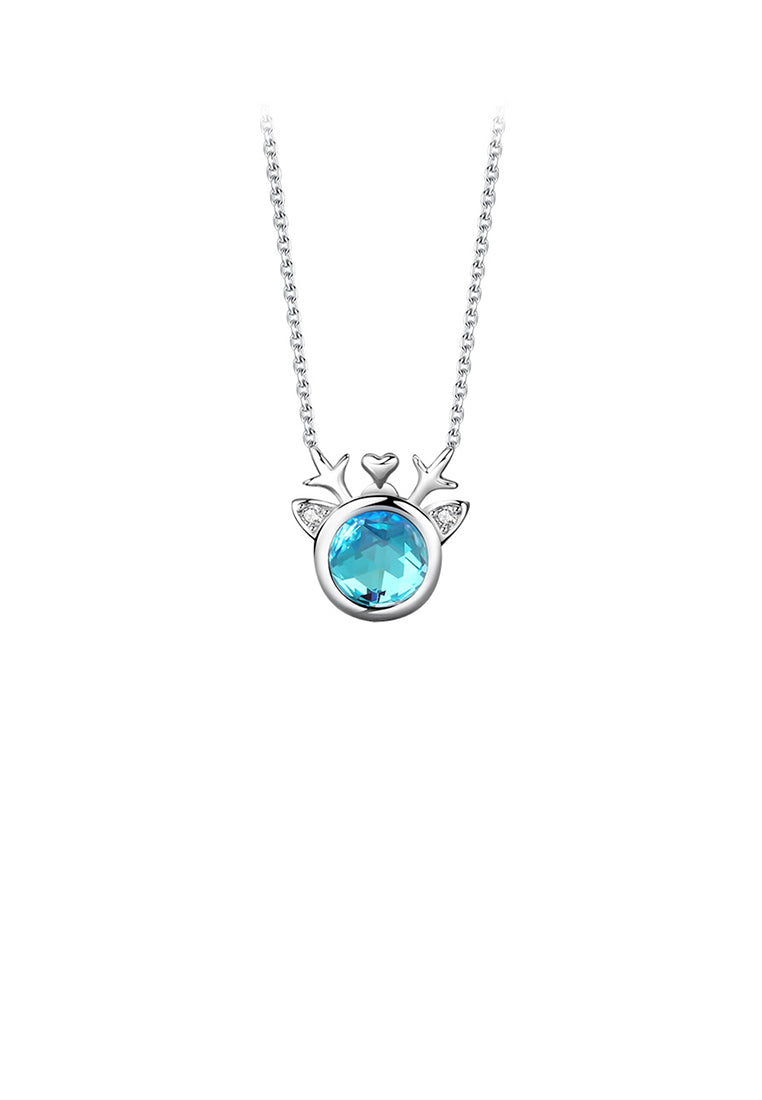 925 Sterling Silver Simple Cute Christmas Elk Pendant with Blue Cubic Zirconia and Necklace - Luxurious Look