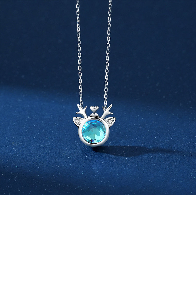 925 Sterling Silver Simple Cute Christmas Elk Pendant with Blue Cubic Zirconia and Necklace - Luxurious Look