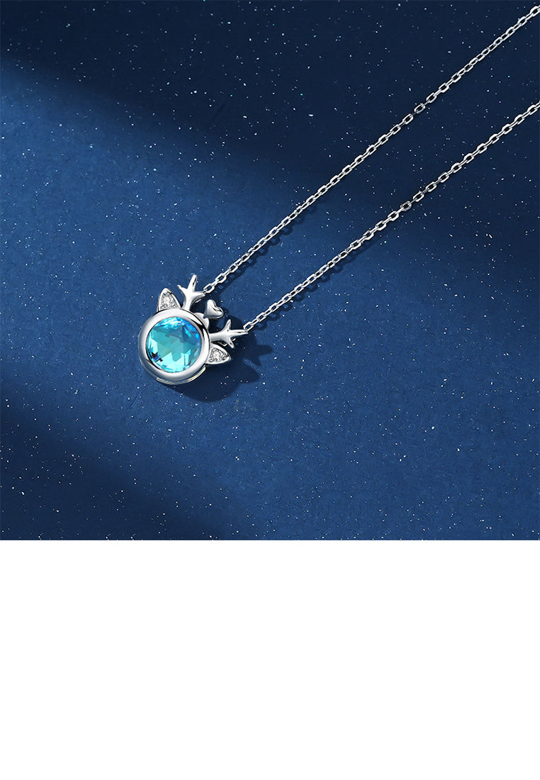 925 Sterling Silver Simple Cute Christmas Elk Pendant with Blue Cubic Zirconia and Necklace - Luxurious Look