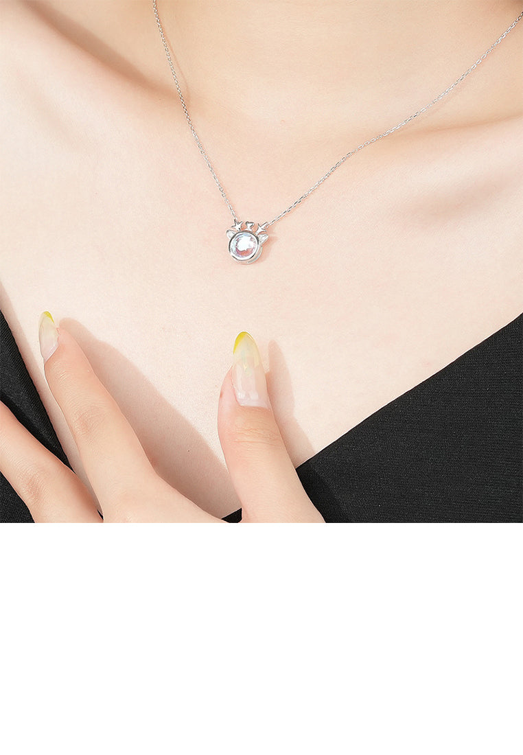 925 Sterling Silver Simple Cute Christmas Elk Pendant with Blue Cubic Zirconia and Necklace - Luxurious Look