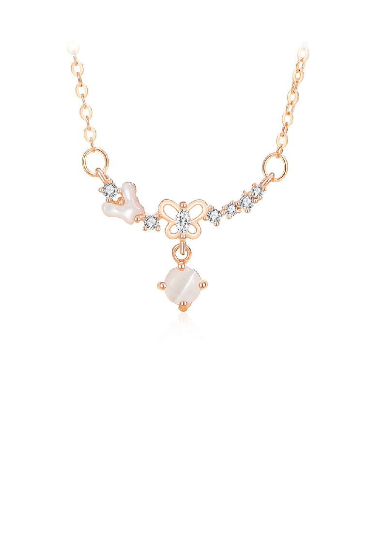 925 Sterling Silver Plated Rose Gold Fashion Temperament Butterfly Imitation Opal Pendant with Cubic Zirconia and Necklace - Luxurious Look