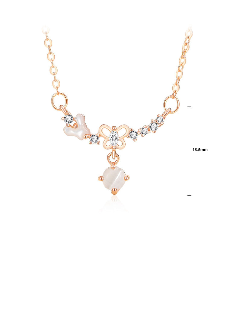 925 Sterling Silver Plated Rose Gold Fashion Temperament Butterfly Imitation Opal Pendant with Cubic Zirconia and Necklace - Luxurious Look