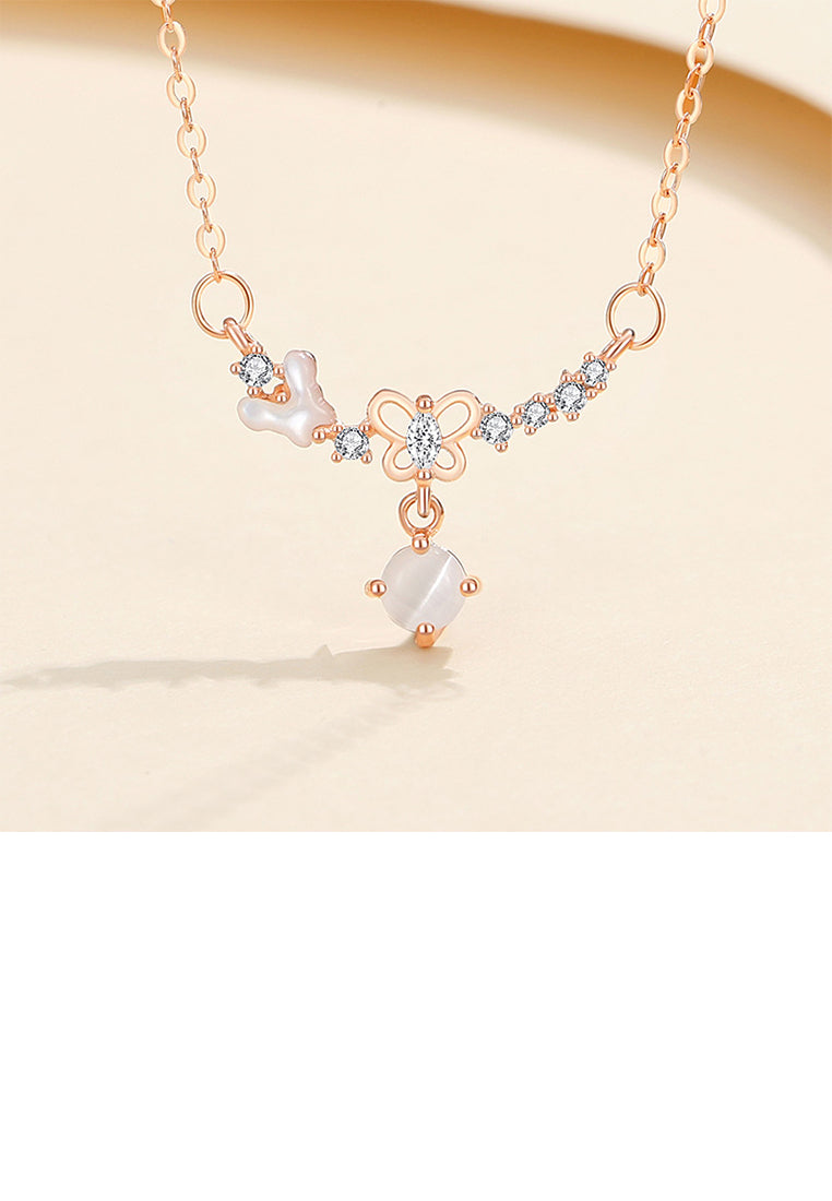 925 Sterling Silver Plated Rose Gold Fashion Temperament Butterfly Imitation Opal Pendant with Cubic Zirconia and Necklace - Luxurious Look