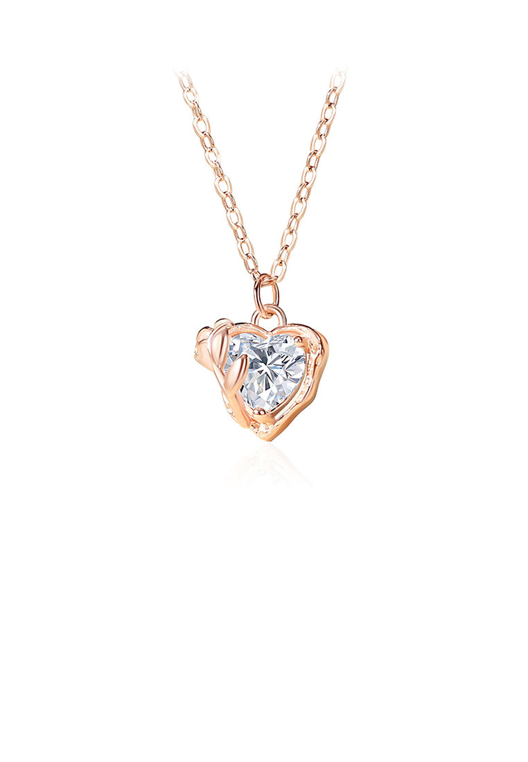 925 Sterling Silver Plated Rose Gold Fashion and Romantic Rose Heart-shaped Pendant with Cubic Zirconia and Necklace - Luxurious Look