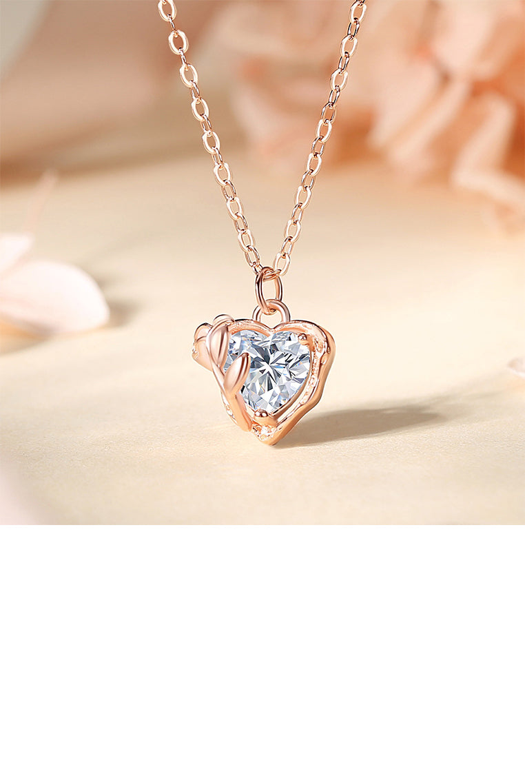 925 Sterling Silver Plated Rose Gold Fashion and Romantic Rose Heart-shaped Pendant with Cubic Zirconia and Necklace - Luxurious Look