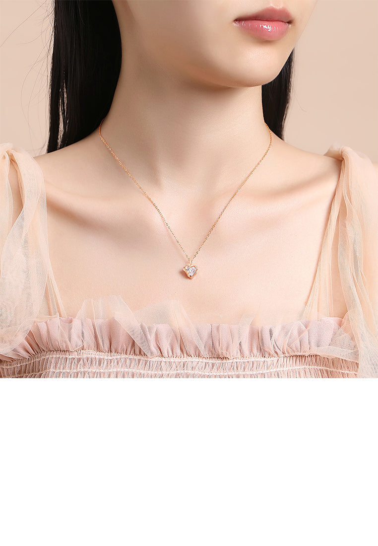 925 Sterling Silver Plated Rose Gold Fashion and Romantic Rose Heart-shaped Pendant with Cubic Zirconia and Necklace - Luxurious Look