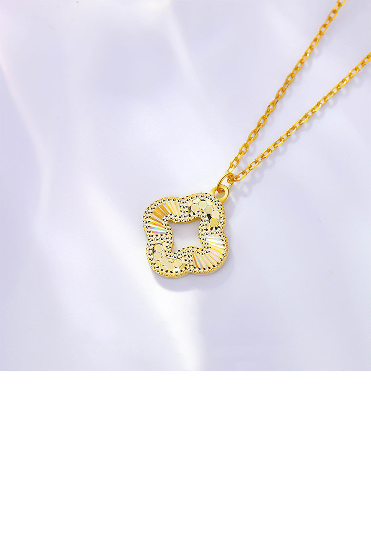 925 Sterling Silver Plated Gold Hollow Four-leafed Clover Pendant with Necklace