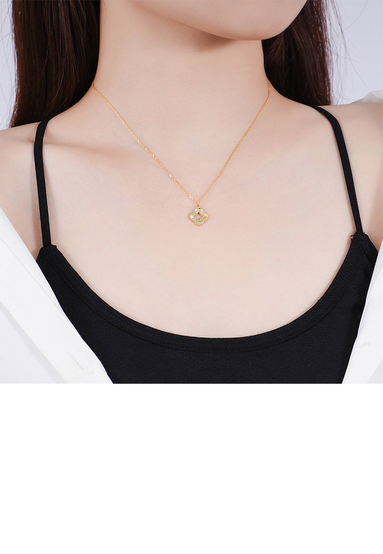 925 Sterling Silver Plated Gold Hollow Four-leafed Clover Pendant with Necklace