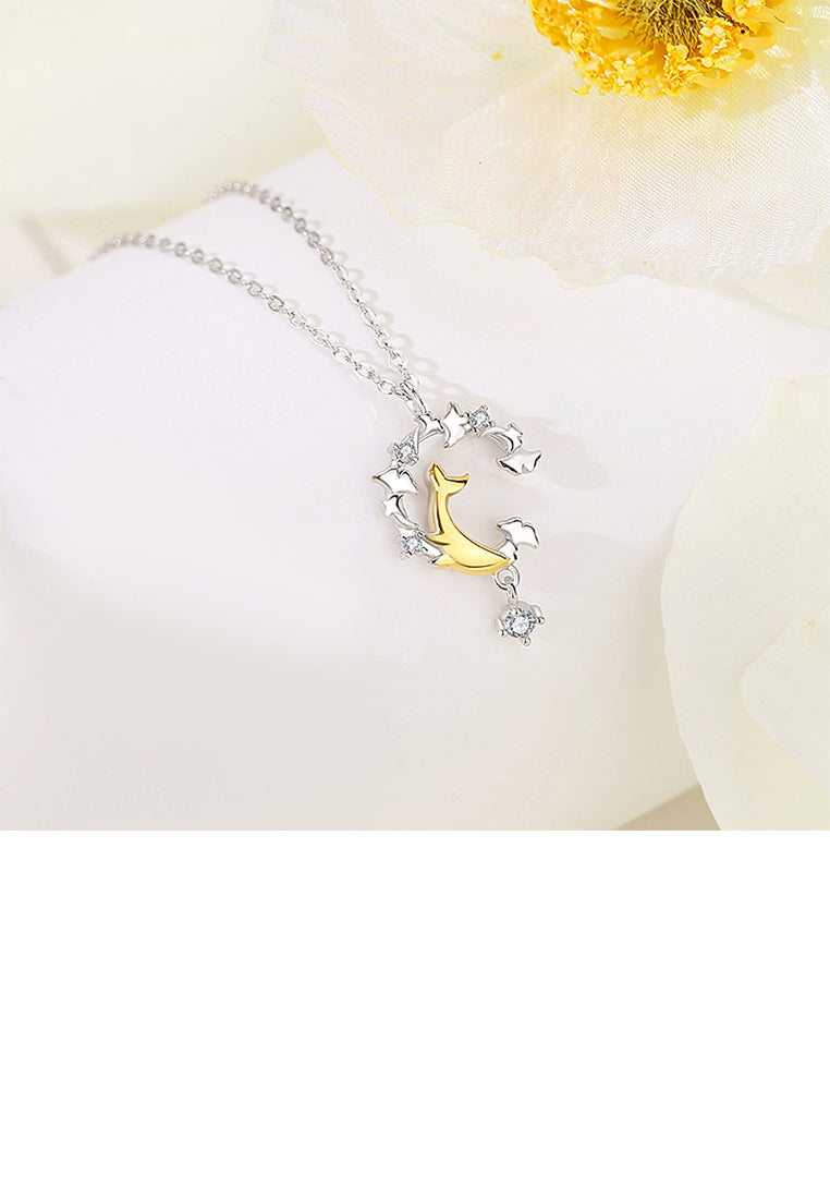 925 Sterling Silver Fashion Creative Golden Whale Ginkgo Leaf Pendant with Cubic Zirconia and Necklace - Luxurious Look