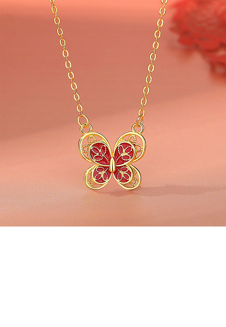 925 Sterling Silver Plated Gold Simple Temperament Hollow Butterfly Pendant with Necklace