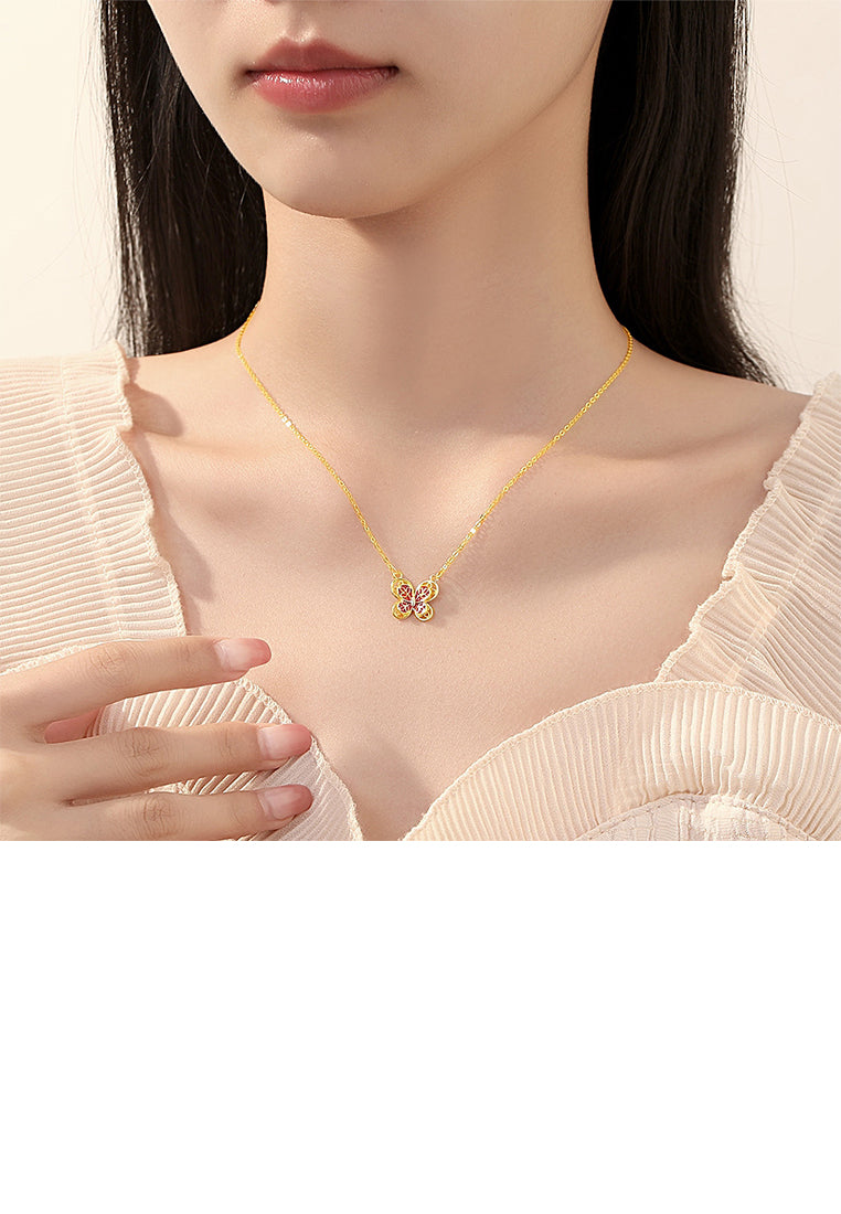 925 Sterling Silver Plated Gold Simple Temperament Hollow Butterfly Pendant with Necklace