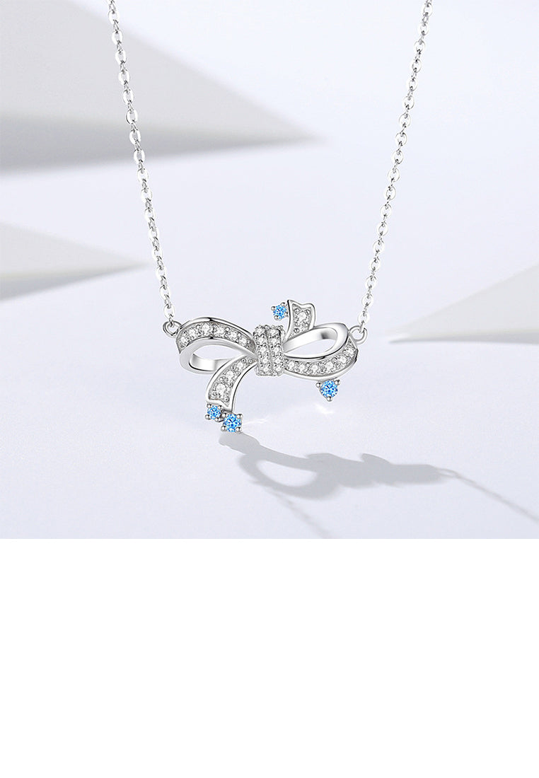 925 Sterling Silver Sweet and Cute Ribbon Pendant with Cubic Zirconia and Necklace - Luxurious Look