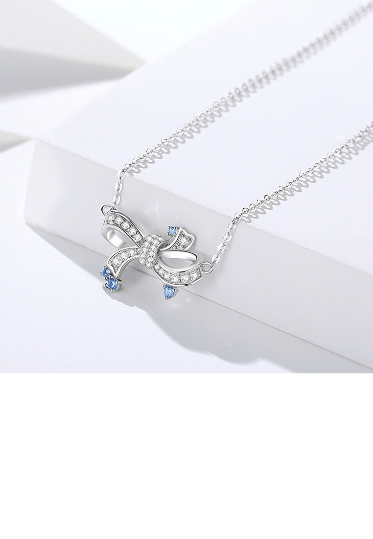 925 Sterling Silver Sweet and Cute Ribbon Pendant with Cubic Zirconia and Necklace - Luxurious Look