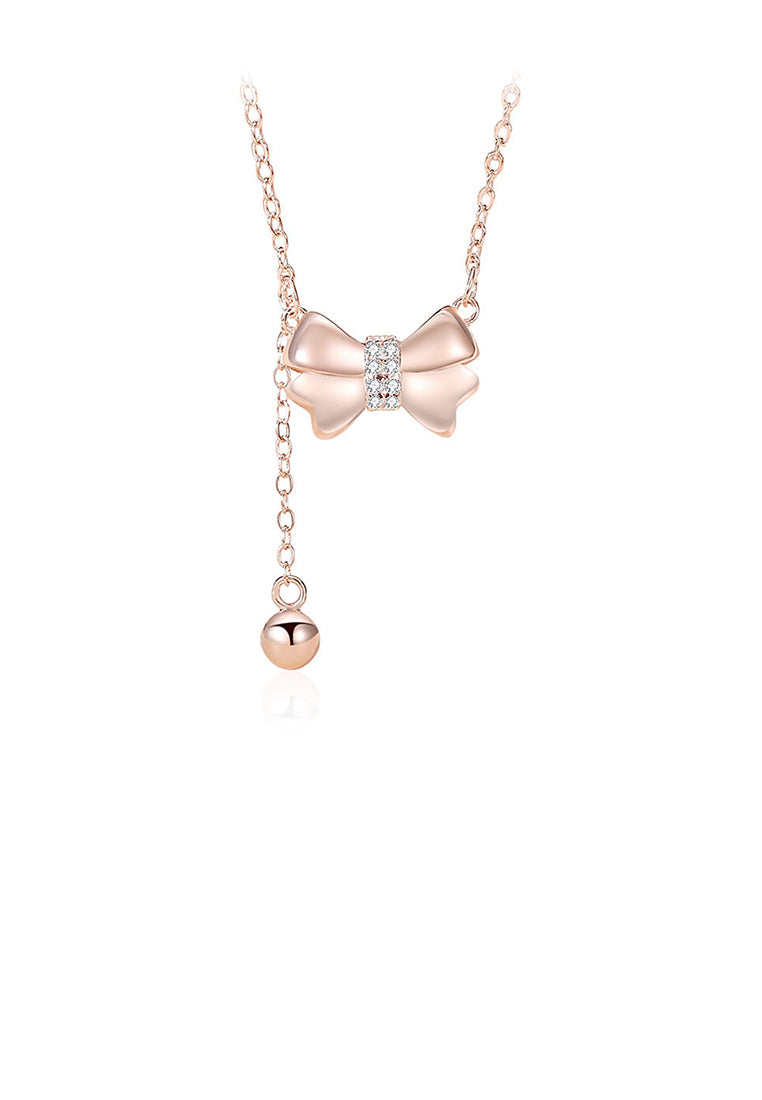 925 Sterling Silver Plated Rose Gold Sweet and Cute Ribbon Tassel Pendant with Cubic Zirconia and Necklace - Luxurious Look