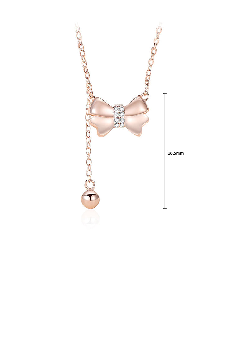 925 Sterling Silver Plated Rose Gold Sweet and Cute Ribbon Tassel Pendant with Cubic Zirconia and Necklace - Luxurious Look