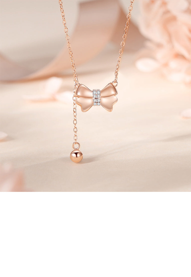 925 Sterling Silver Plated Rose Gold Sweet and Cute Ribbon Tassel Pendant with Cubic Zirconia and Necklace - Luxurious Look