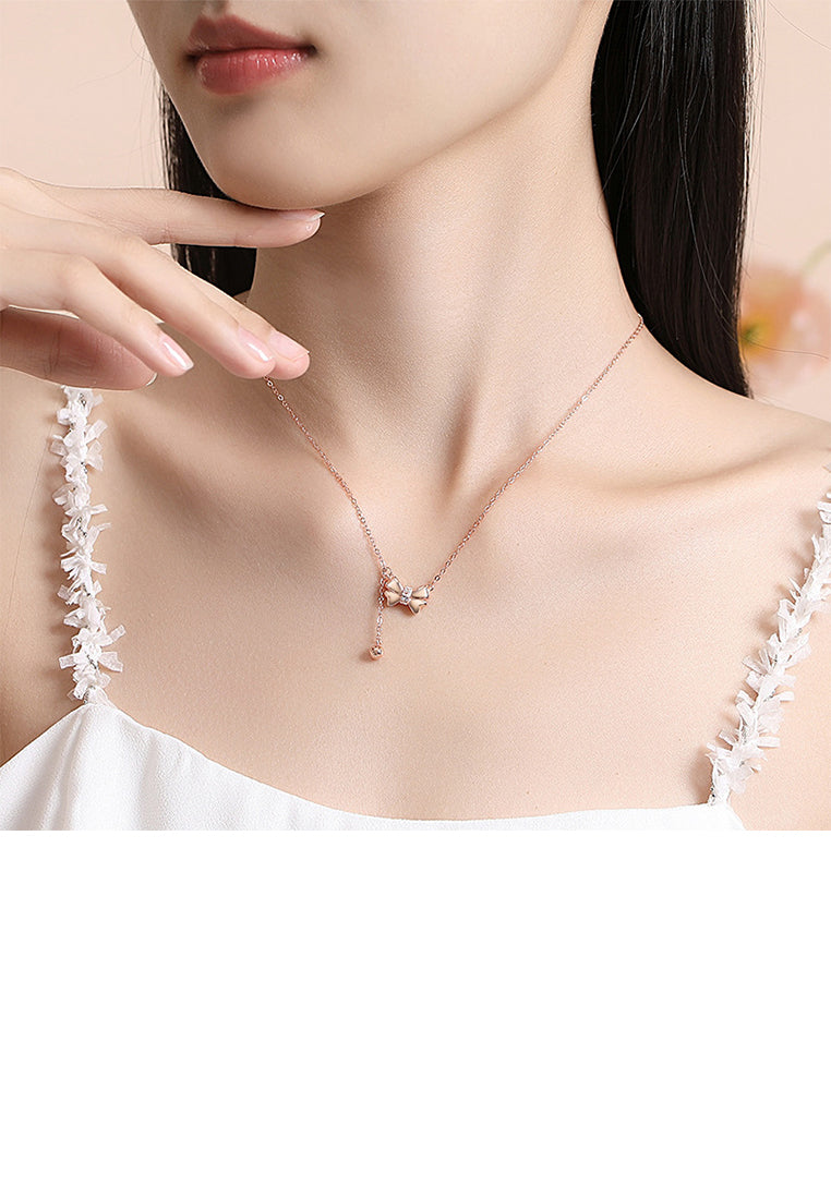 925 Sterling Silver Plated Rose Gold Sweet and Cute Ribbon Tassel Pendant with Cubic Zirconia and Necklace - Luxurious Look