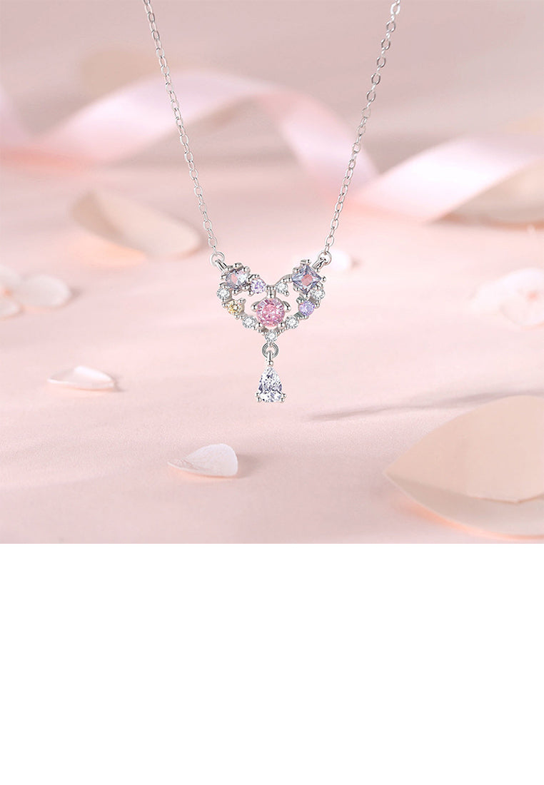 925 Sterling Silver Simple and Romantic Hollow Heart-shaped Tassel Pendant with Colored Cubic Zirconia and Necklace - Luxurious Look