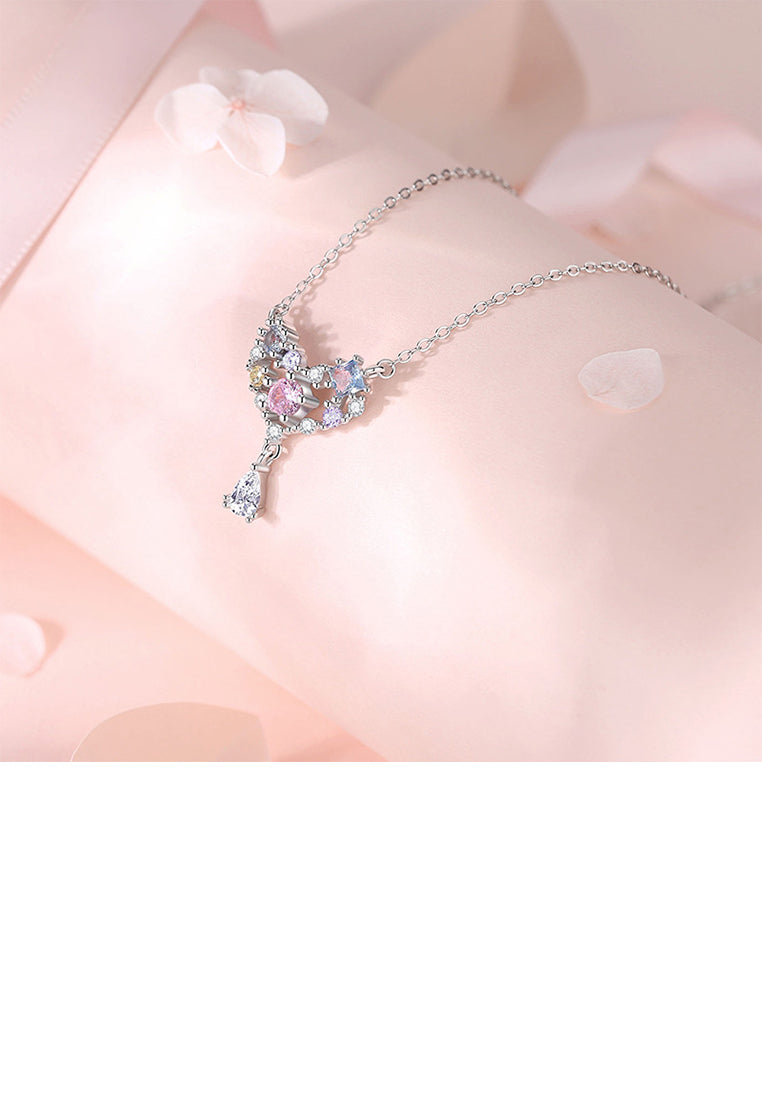 925 Sterling Silver Simple and Romantic Hollow Heart-shaped Tassel Pendant with Colored Cubic Zirconia and Necklace - Luxurious Look