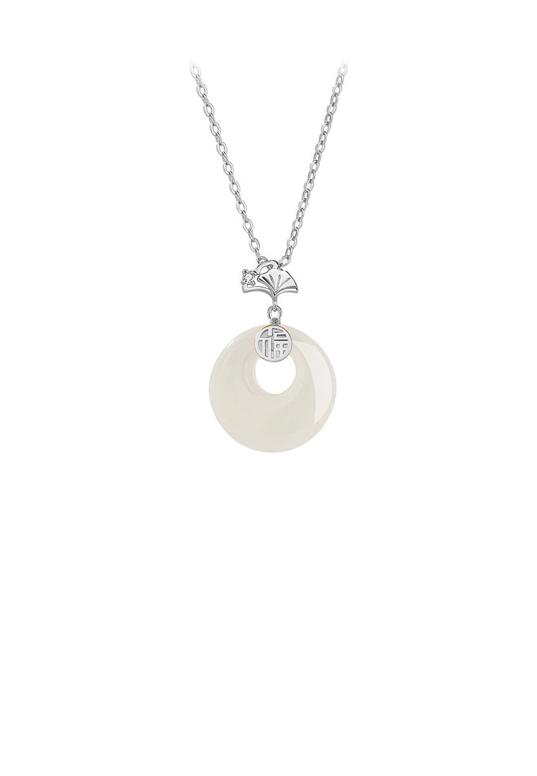 925 Sterling Silver Simple Vintage Ginkgo Leaf Imitation Chalcedony Pendant with Cubic Zirconia and Necklace - Luxurious Look