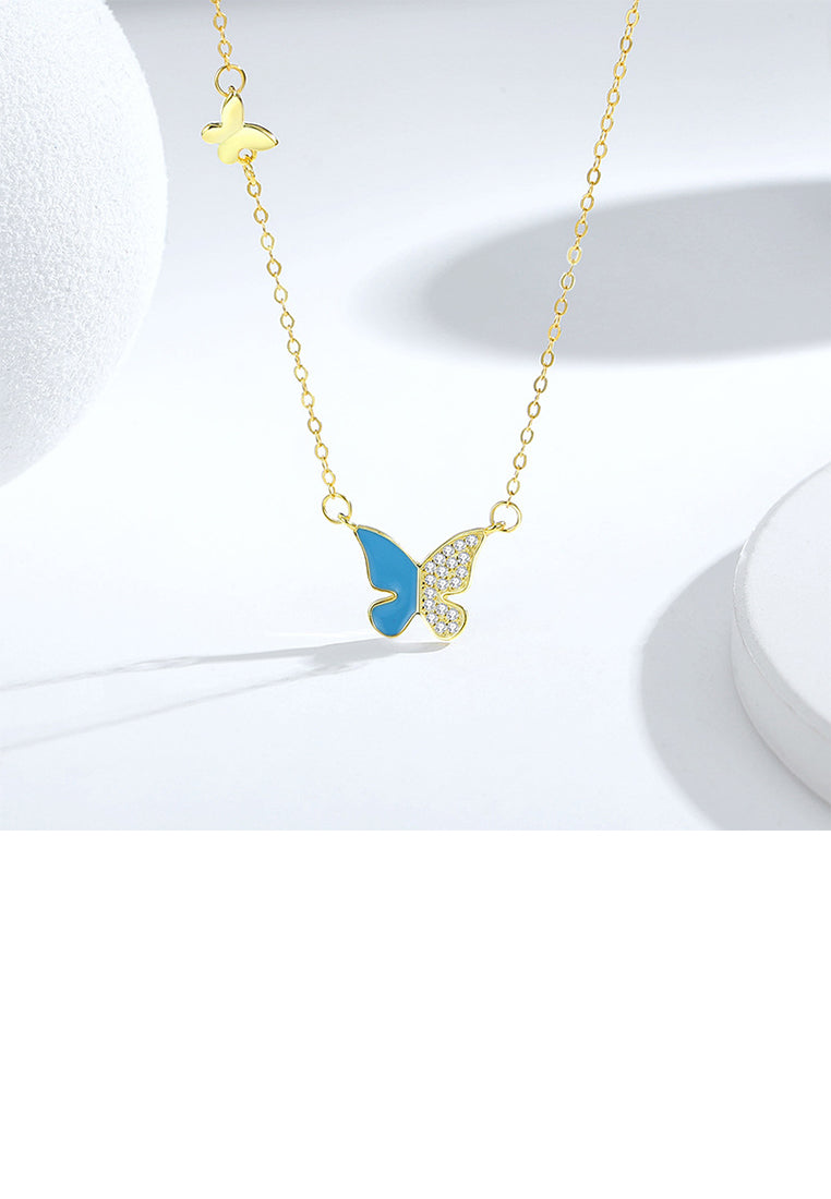 925 Sterling Silver Plated Gold Fashion Simple Butterfly Pendant with Cubic Zirconia and Necklace - Luxurious Look