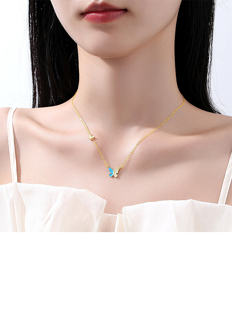 925 Sterling Silver Plated Gold Fashion Simple Butterfly Pendant with Cubic Zirconia and Necklace - Luxurious Look