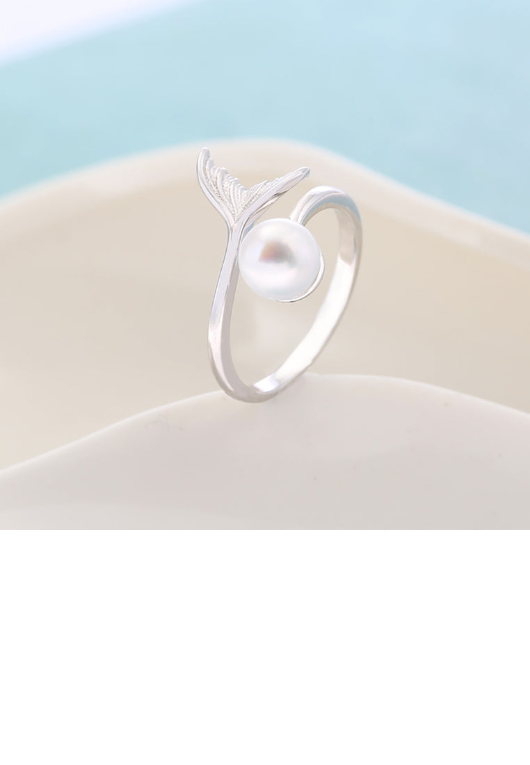 925 Sterling Silver Simple Fashion Fishtail White Freshwater Pearl Adjustable Ring - Luxurious Look