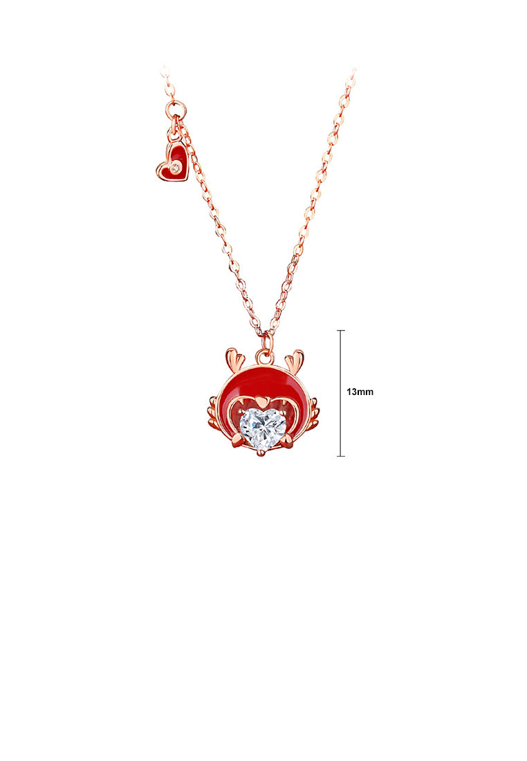 925 Sterling Silver Plated Rose Gold Fashion Enamel Chinese Zodiac Dragon Pendant with Cubic Zirconia and Necklace - Luxurious Look