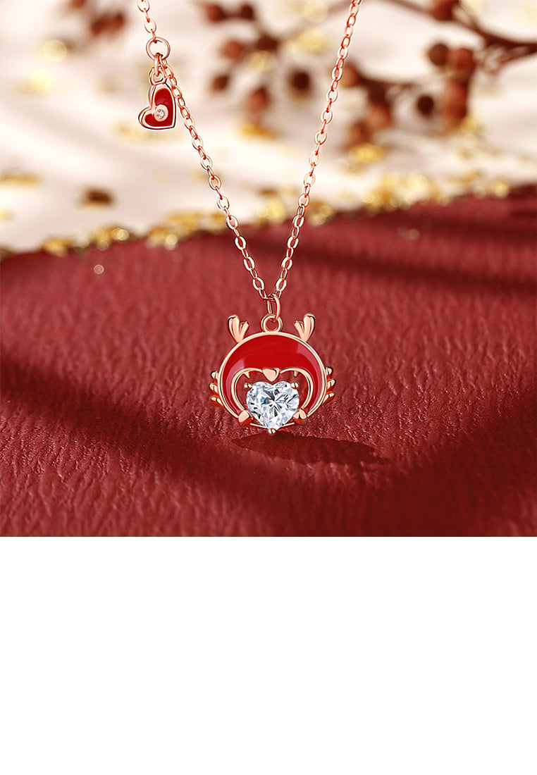 925 Sterling Silver Plated Rose Gold Fashion Enamel Chinese Zodiac Dragon Pendant with Cubic Zirconia and Necklace - Luxurious Look
