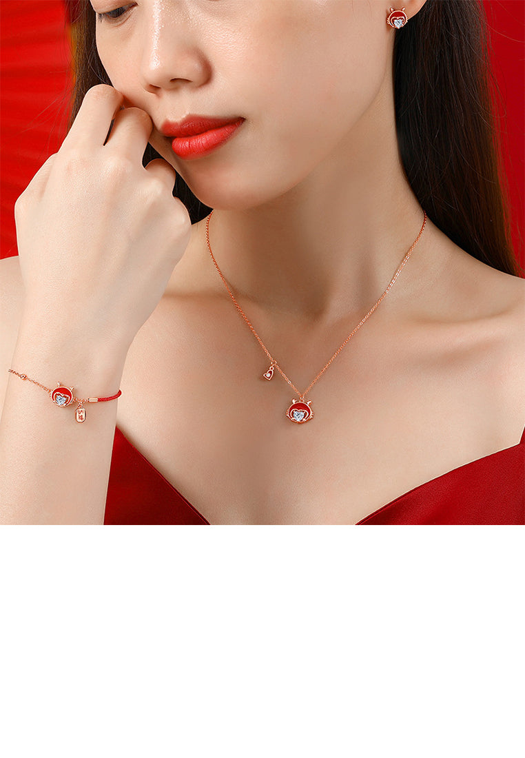 925 Sterling Silver Plated Rose Gold Fashion Enamel Chinese Zodiac Dragon Pendant with Cubic Zirconia and Necklace - Luxurious Look