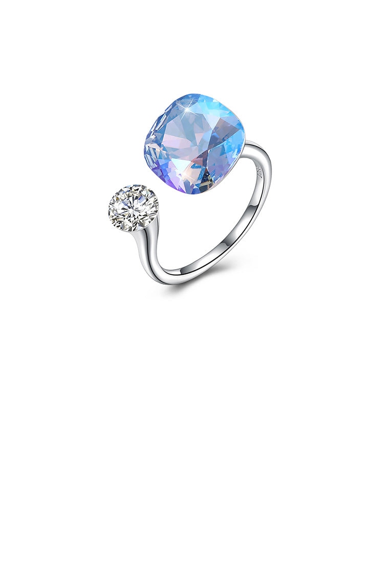 925 Sterling Silver Fashion Simple Sky Blue Austrian Element Crystal Square Adjustable Ring